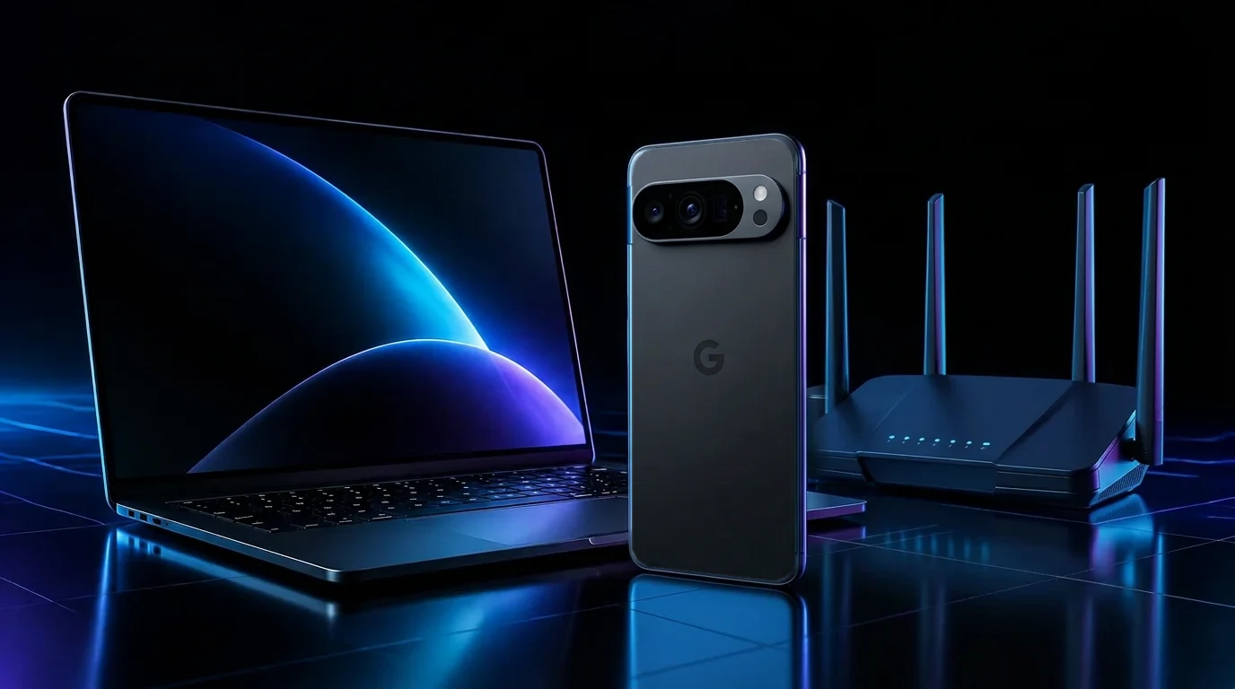 CRYPTIQ laptop, smartphone and Wi-Fi router on a dark studio background
